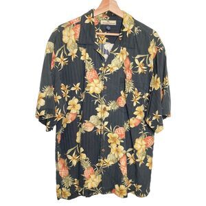 Tommy Bahama VTG Hawaiian Shirt Mens Large Black Floral Pineapple Silk Aloha